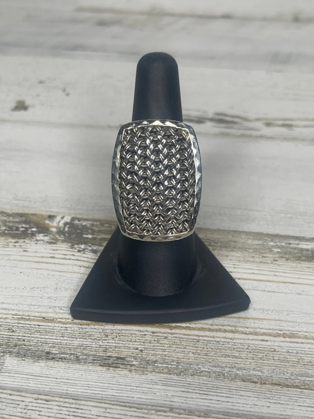 Lois Hill Silver Rectangular Textile Weave Cut-Out Ring.